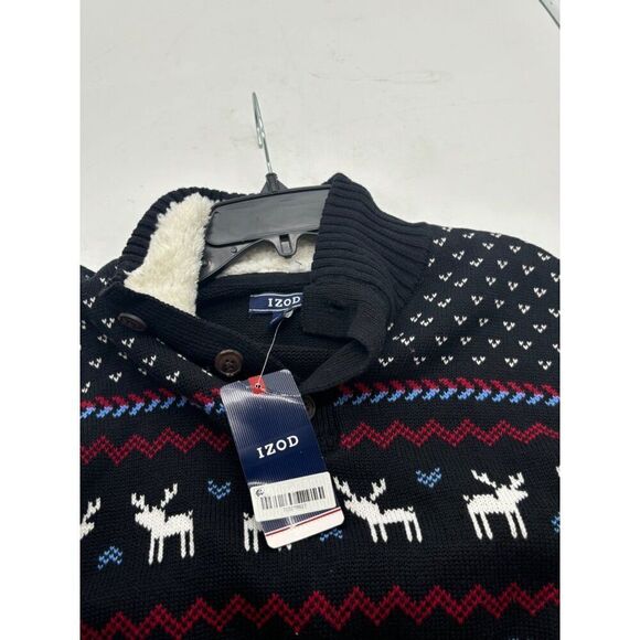 IZOD Boys Reindeer Fairisle 3 Button Sweater, Black - Picture 6 of 11